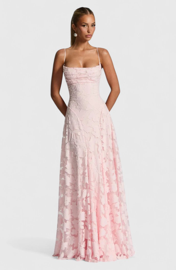 Women's Lace Maxi Wedding Guest Dress Floral Textured and Spaghetti Strap