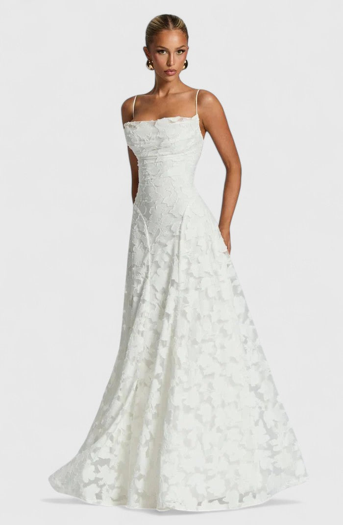 Women's Lace Maxi Wedding Guest Dress Floral Textured and Spaghetti Strap