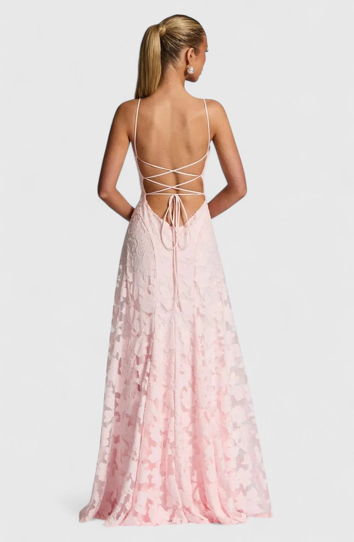 Women's Lace Maxi Wedding Guest Dress Floral Textured and Spaghetti Strap