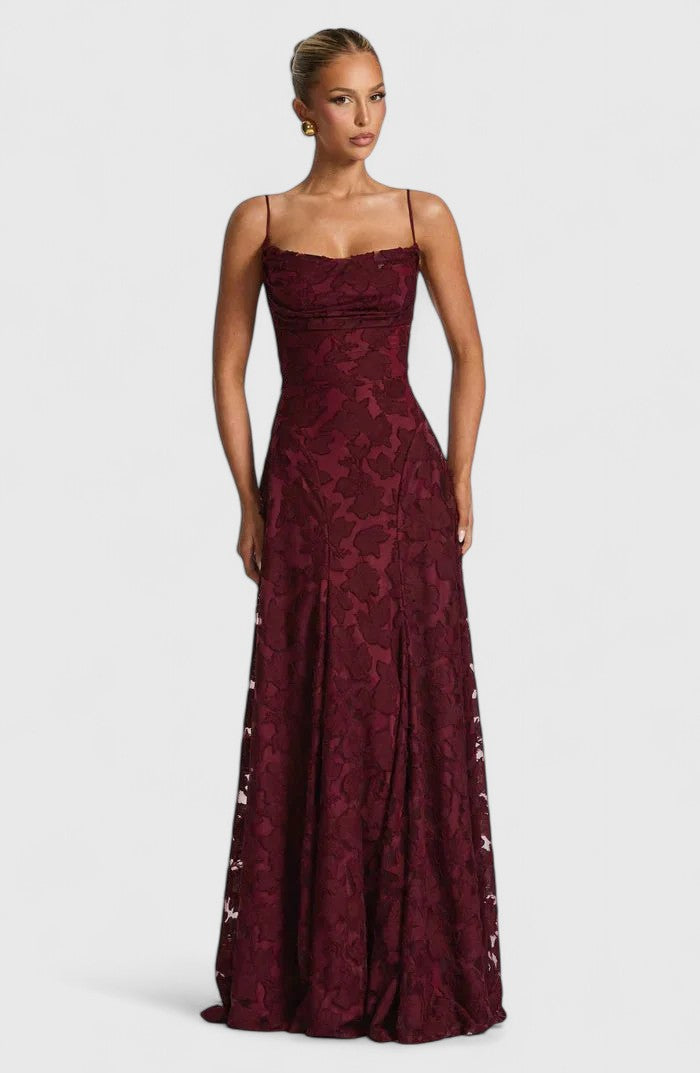 Women's Lace Maxi Wedding Guest Dress Floral Textured and Spaghetti Strap