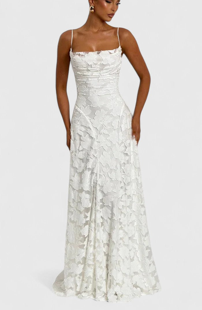 Women's Lace Maxi Wedding Guest Dress Floral Textured and Spaghetti Strap