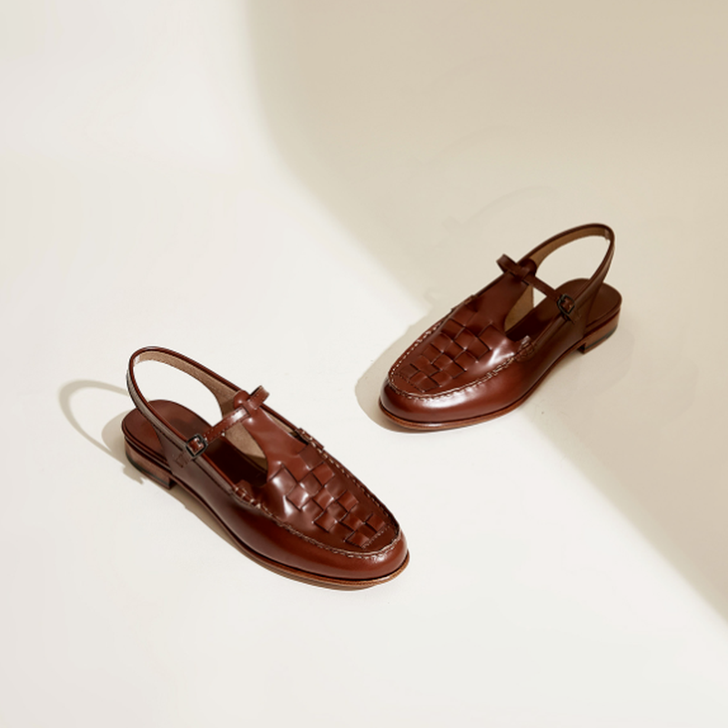 Women's Leather Sandals Woven Vamp and Adjustable T-Strap