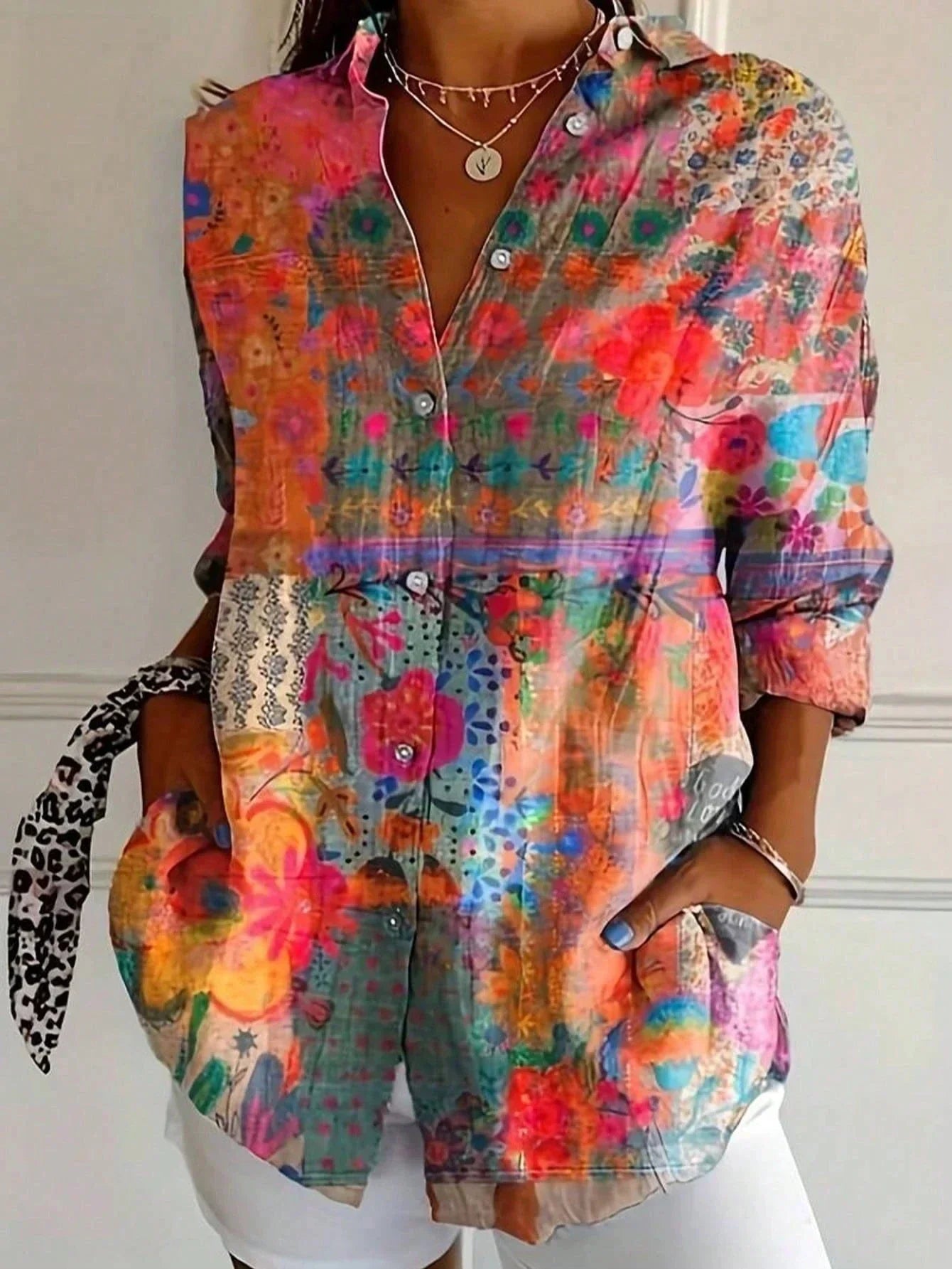 Women's Linen Blouse Abstract Floral Print and Button-Up Front