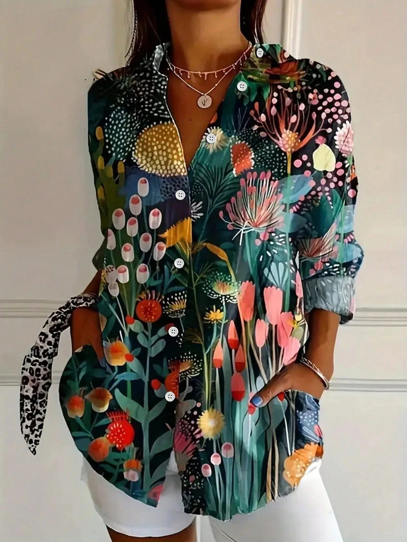 Women's Linen Blouse Abstract Floral Print and Button-Up Front