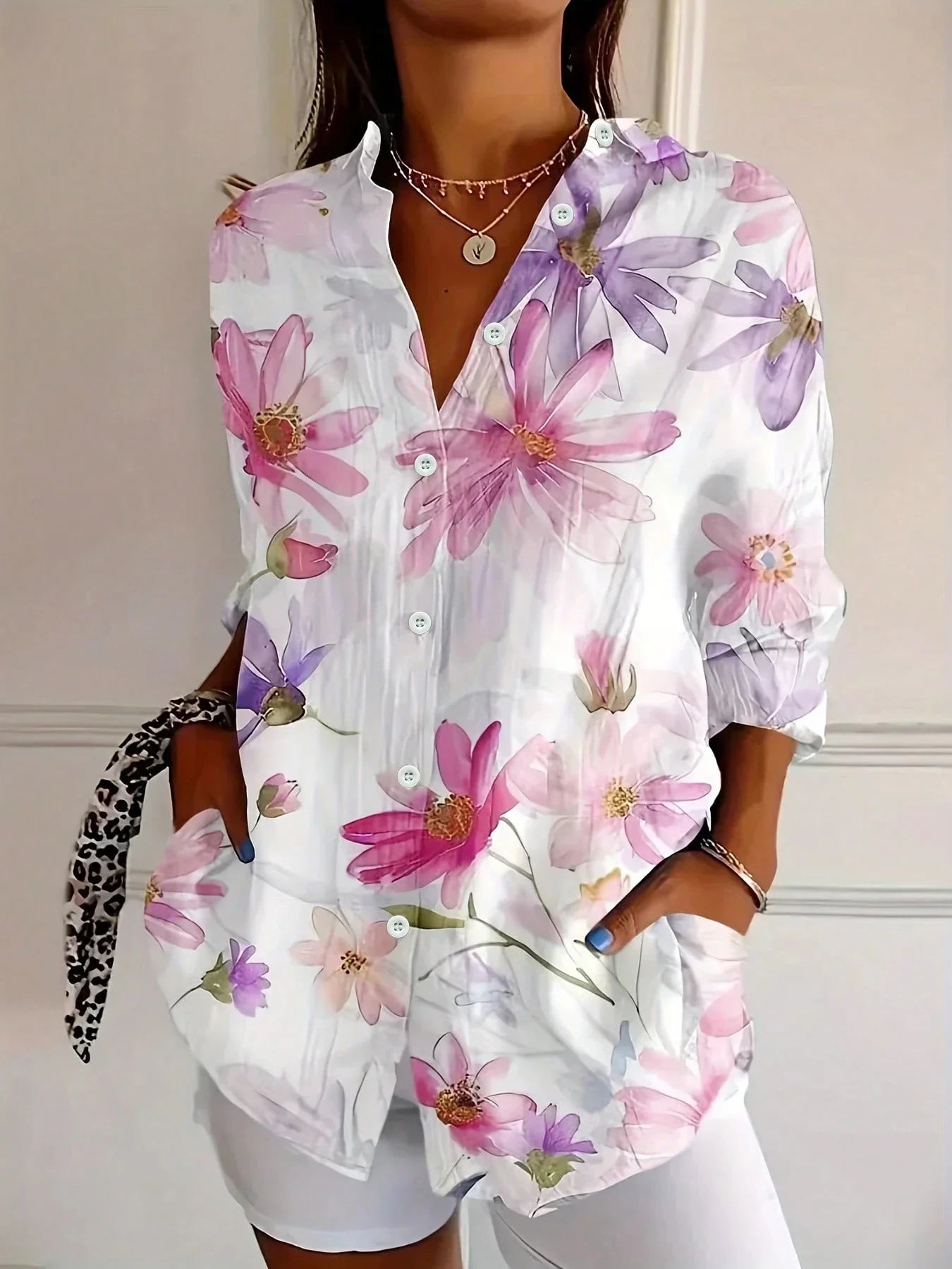 Women's Linen Blouse Abstract Floral Print and Button-Up Front