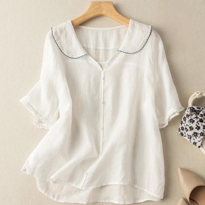 Women's Linen Blouse Scalloped Collar and Short Gathered Sleeves