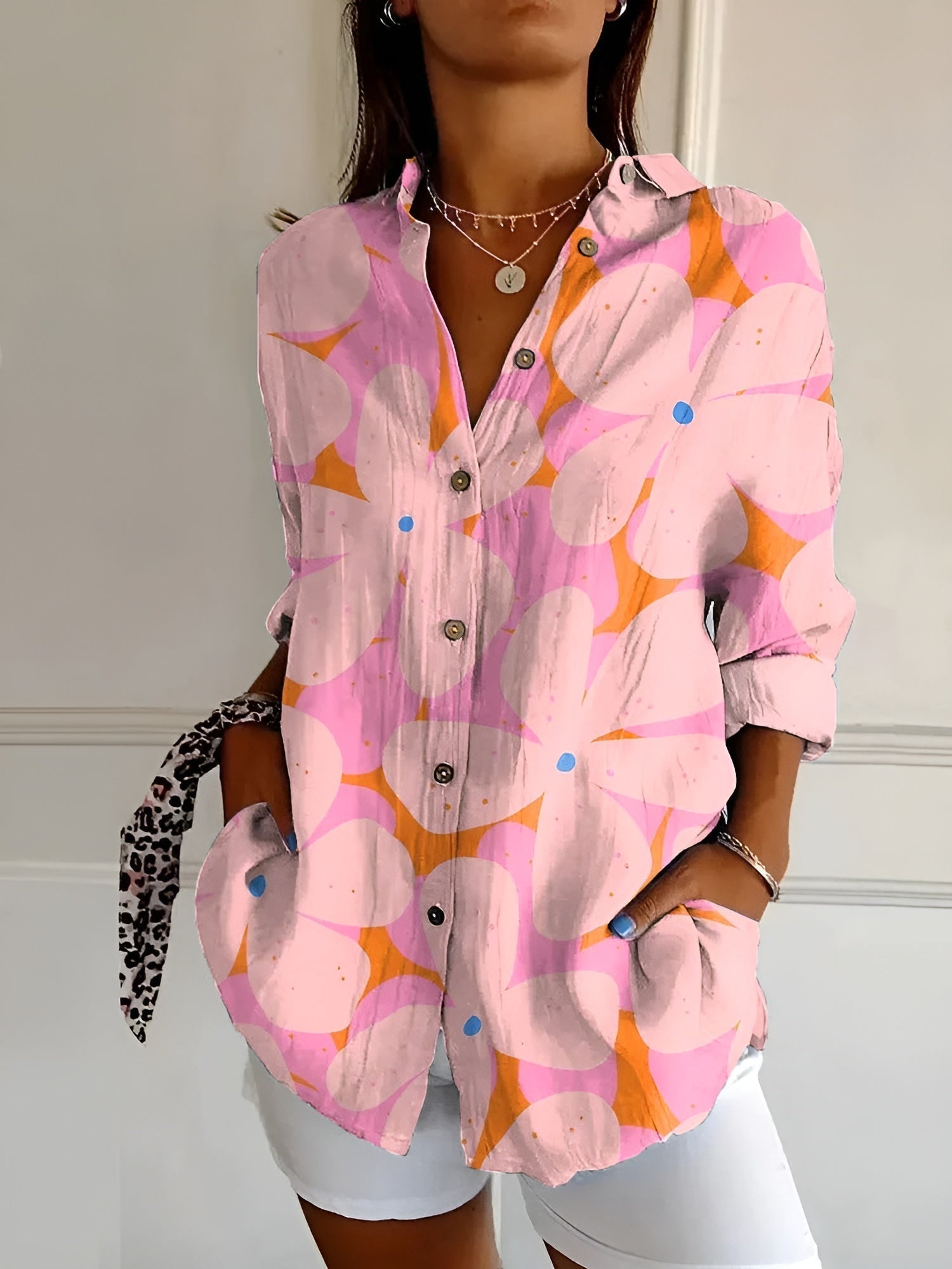Women's Linen Blouse Trailing Floral Print and Button-Front Closure