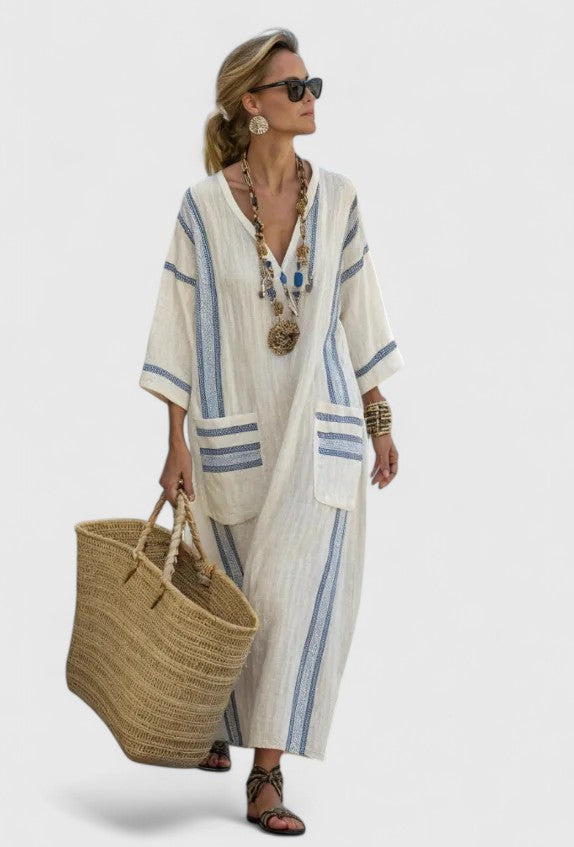Women's Linen Maxi Dress V-Neck Striped Summer Kaftan
