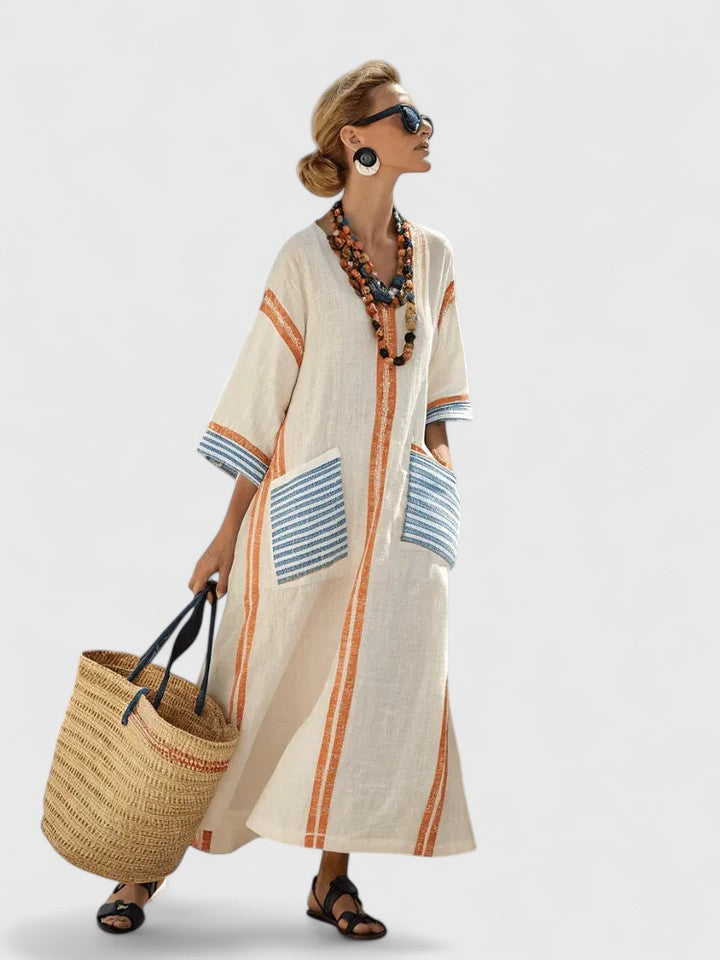 Women's Linen Maxi Dress V-Neck Striped Summer Kaftan