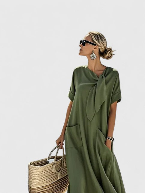 Women's Linen Midi Dress Tie Neck and Front Patch Pockets