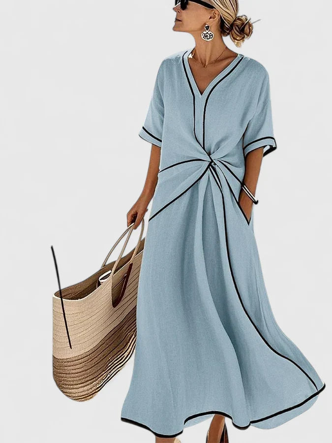 Women's Linen Midi Dress V-Neck Twist Front Summer Kaftan