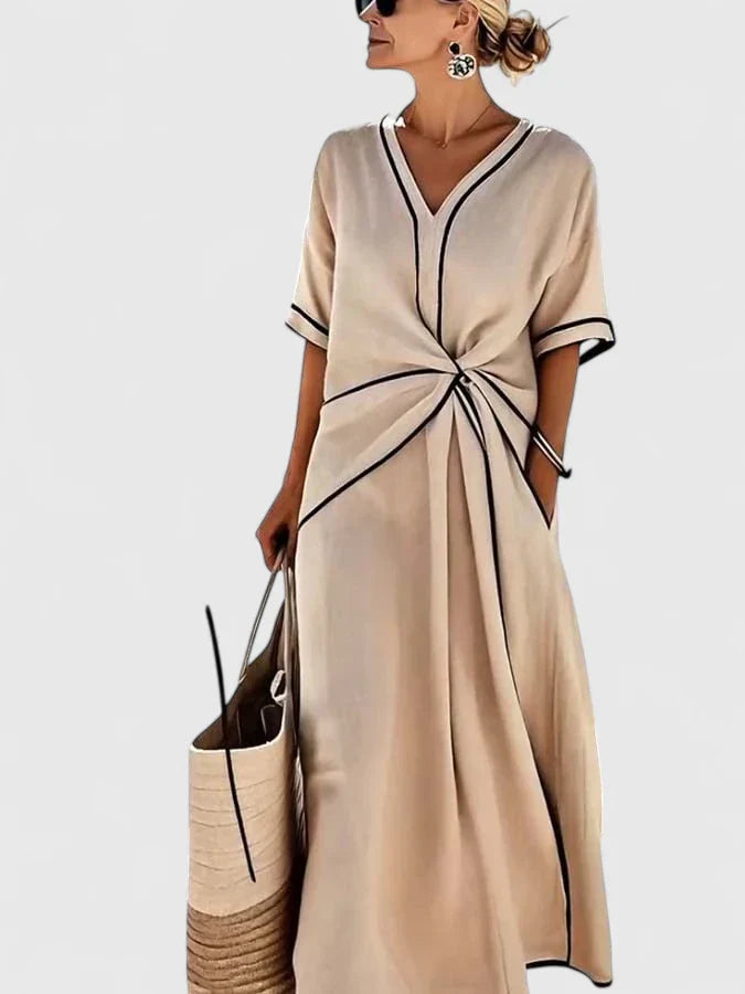 Women's Linen Midi Dress V-Neck Twist Front Summer Kaftan
