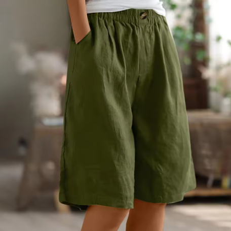 Women's Linen Shorts Elastic Waistband and Side Slash Pockets