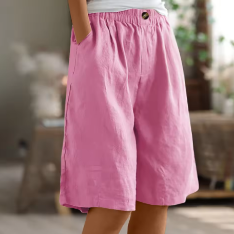 Women's Linen Shorts Elastic Waistband and Side Slash Pockets