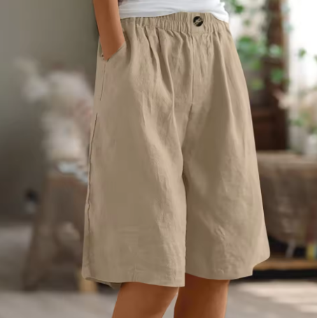 Women's Linen Shorts Elastic Waistband and Side Slash Pockets