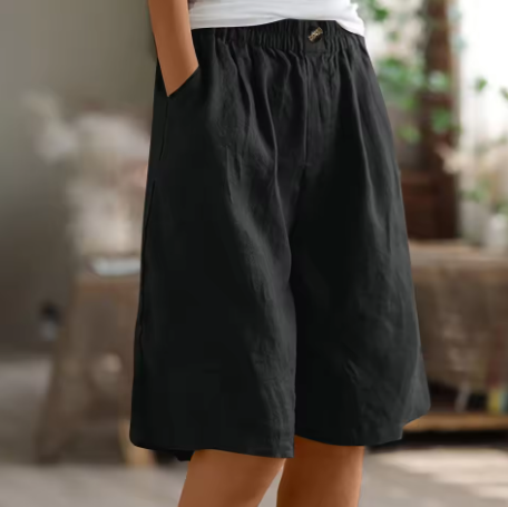 Women's Linen Shorts Elastic Waistband and Side Slash Pockets