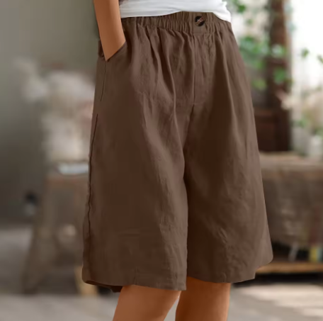 Women's Linen Shorts Elastic Waistband and Side Slash Pockets