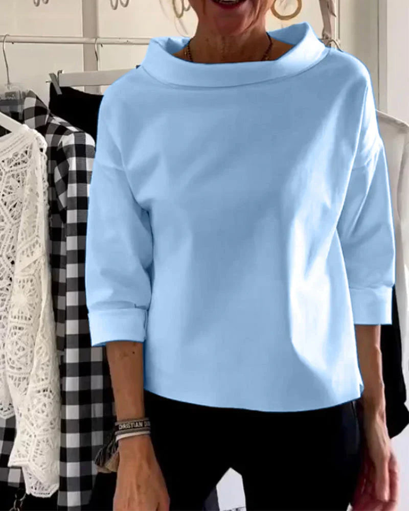 Women's Linen Top Folded Bateau Neck and Three-Quarter Sleeves