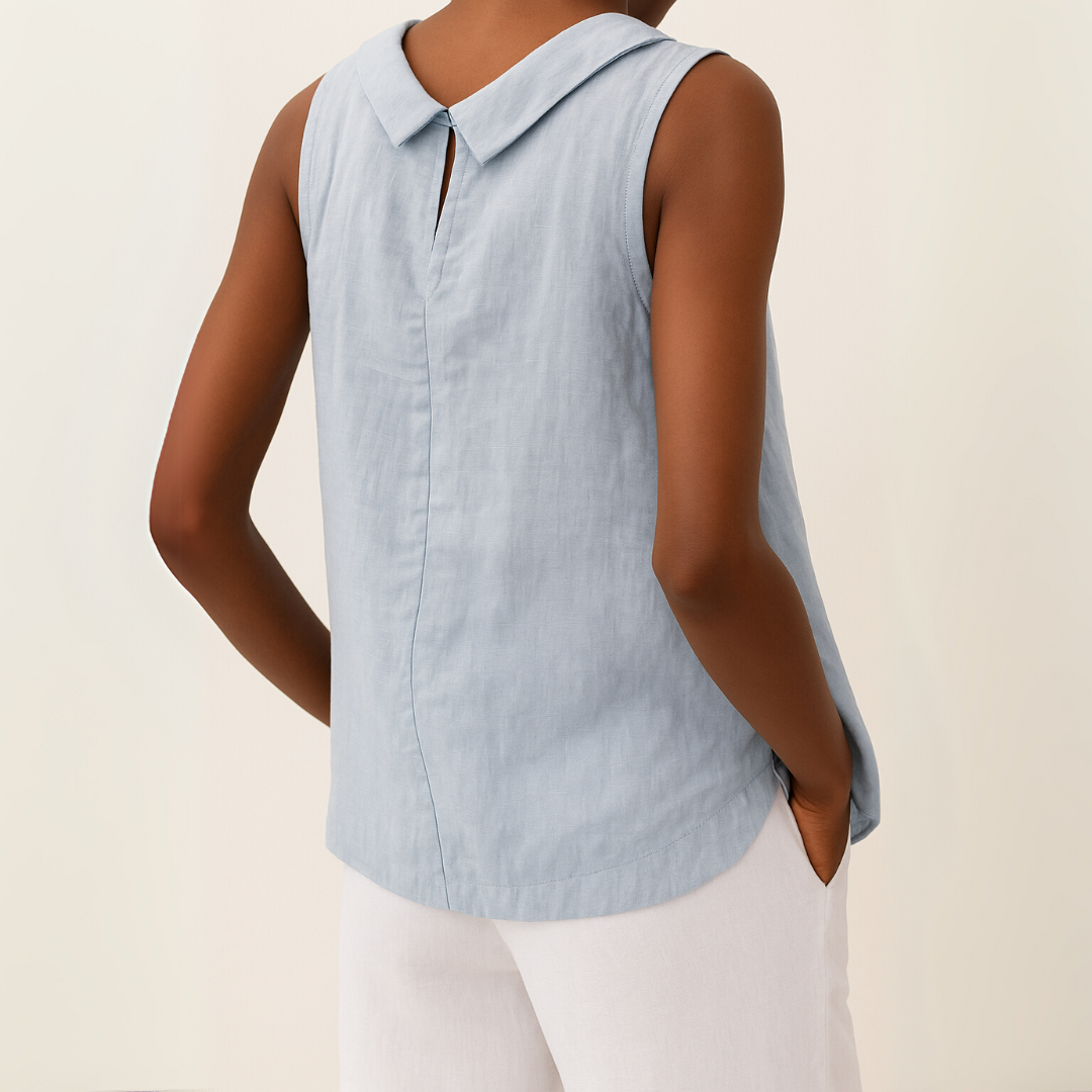 Women's Linen Top Turned Roll Collar and Sleeveless Cut