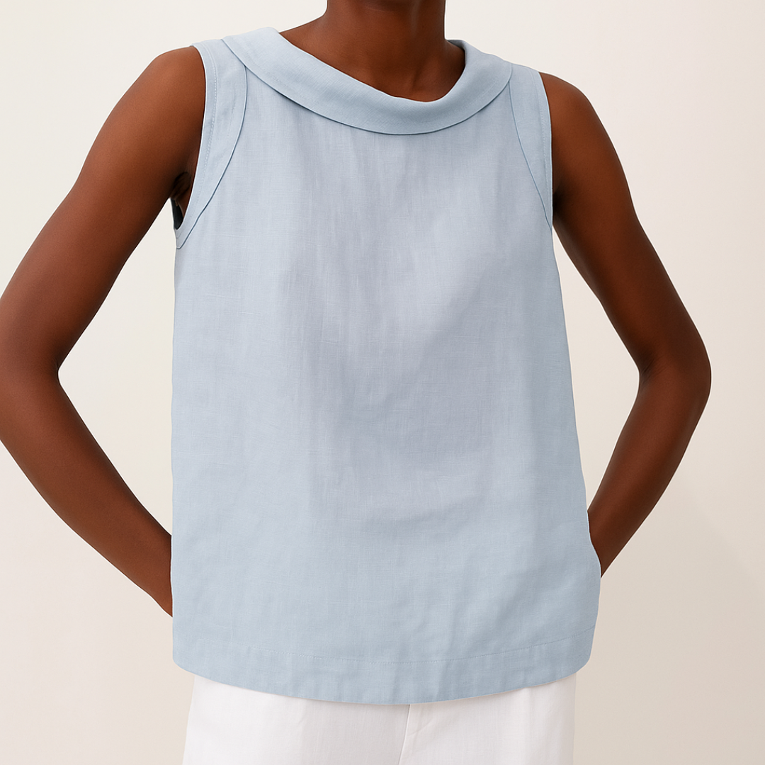 Women's Linen Top Turned Roll Collar and Sleeveless Cut