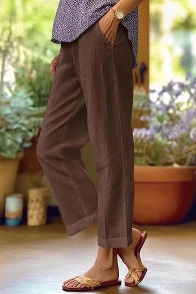 Women's Linen Trousers Cuffed Hem and Elastic Waistband