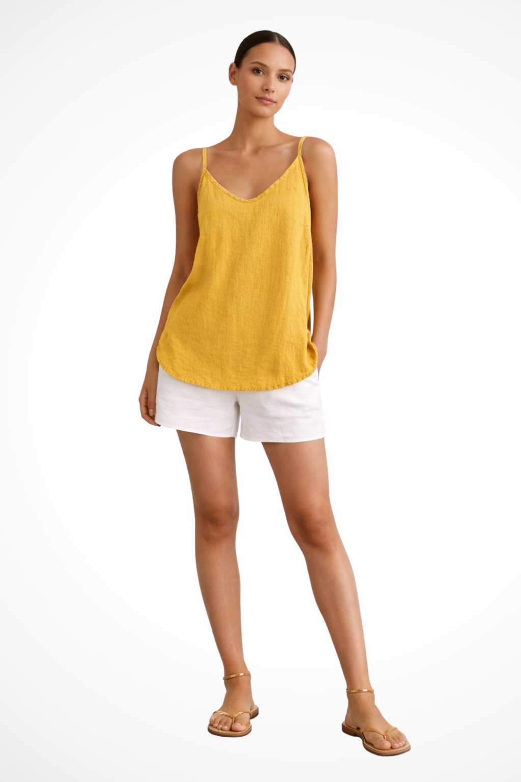 Women's Linen V-Neck Cami Top with Adjustable Spaghetti Straps and Curved Hem