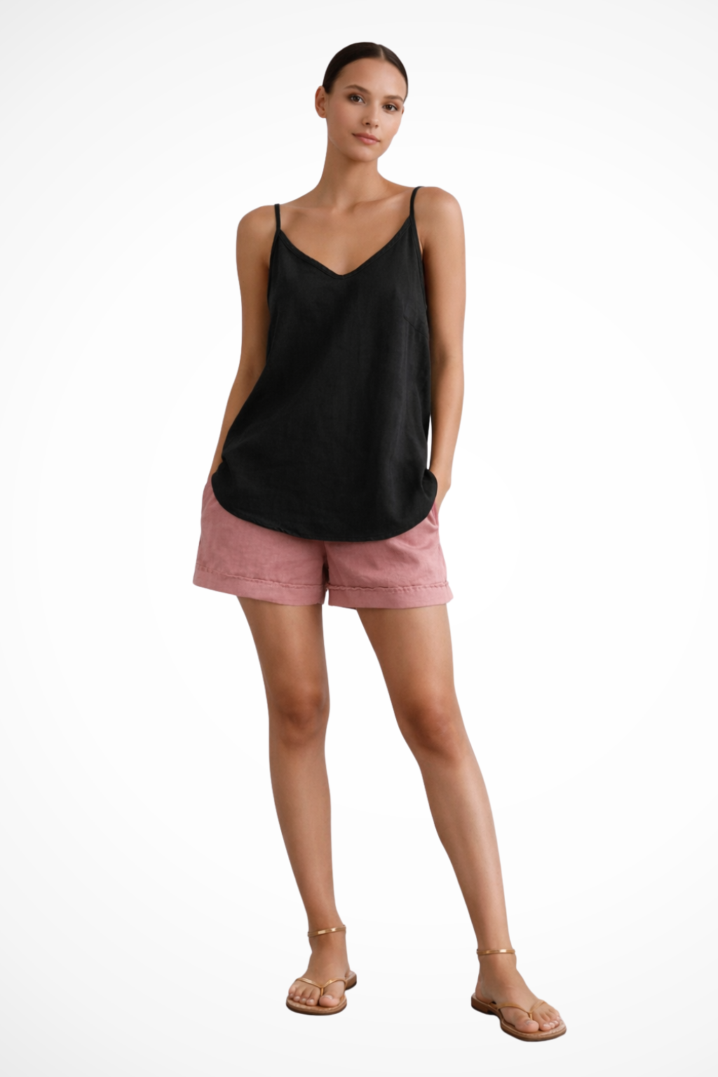 Women's Linen V-Neck Cami Top with Adjustable Spaghetti Straps and Curved Hem