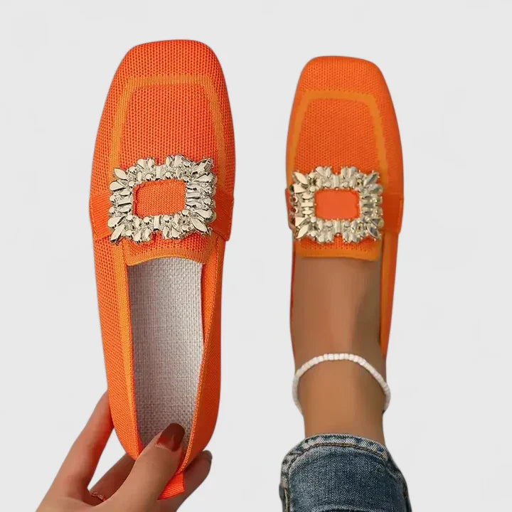 Women's Loafers Rhinestone Buckle and Square Toe