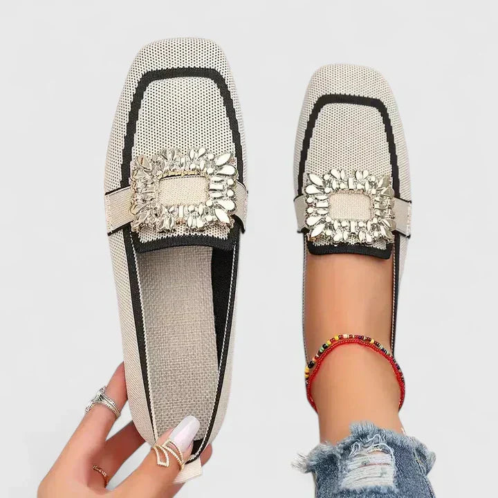 Women's Loafers Rhinestone Buckle and Square Toe
