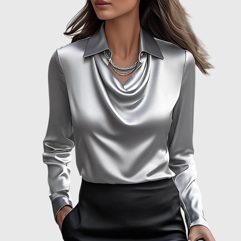 Women's Long-Sleeve Blouse with Cowl Neckline and Pointed Collar
