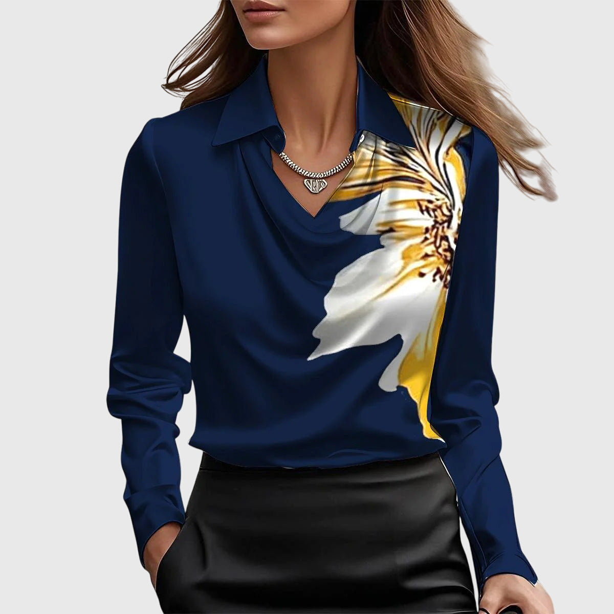 Women's Long-Sleeve Blouse with Cowl Neckline and Pointed Collar
