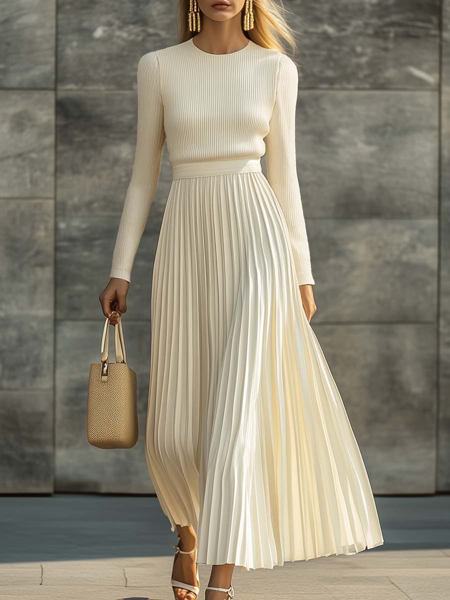 Women's Long Sleeve Pleated Midi Dress with Round Neck and Ribbed Bodice