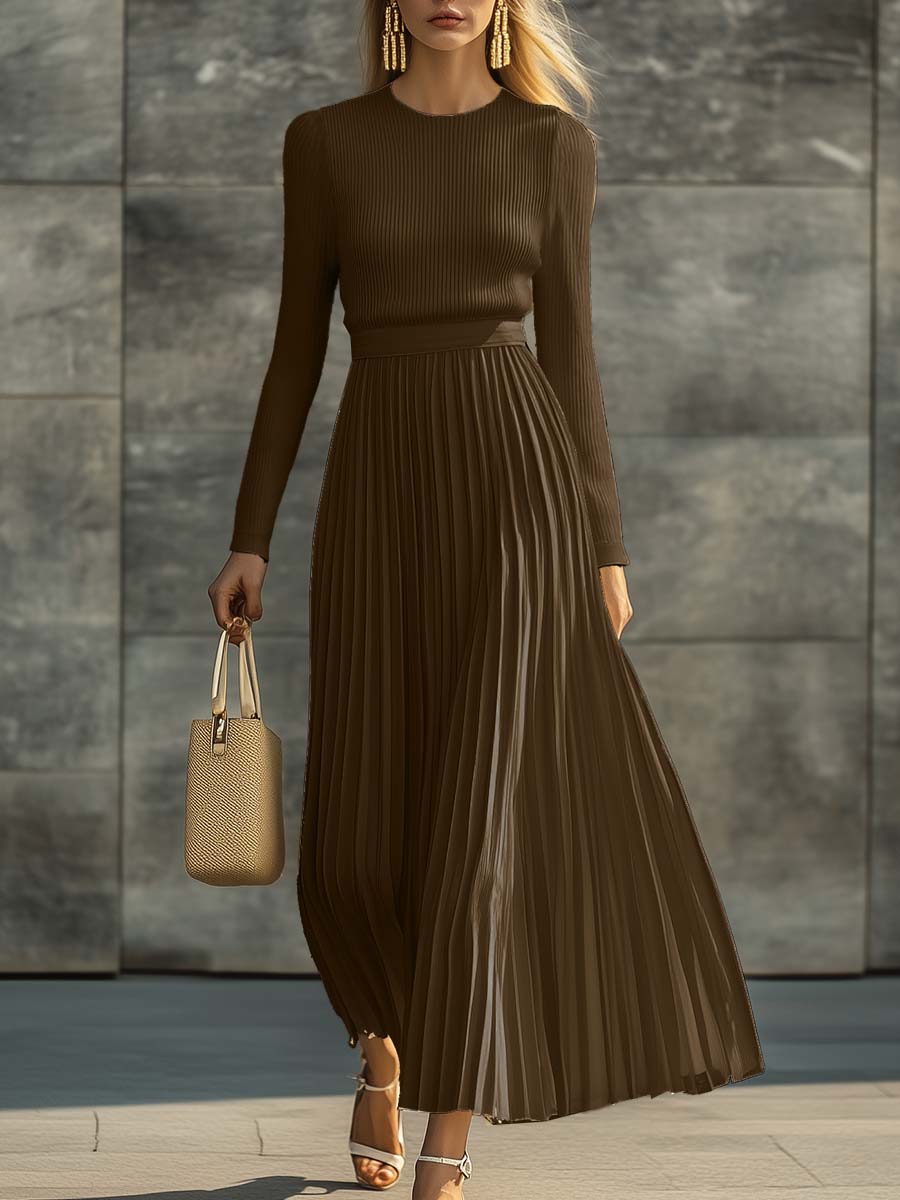 Women's Long Sleeve Pleated Midi Dress with Round Neck and Ribbed Bodice