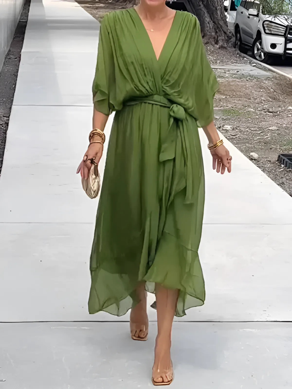 Women's Maxi Dress Crossover V-Neckline and Asymmetrical Handkerchief Hemline
