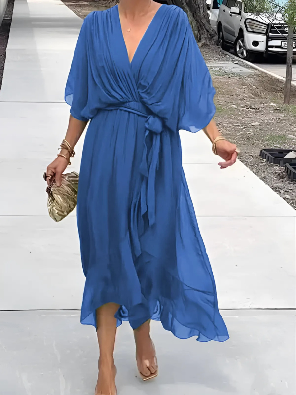 Women's Maxi Dress Crossover V-Neckline and Asymmetrical Handkerchief Hemline