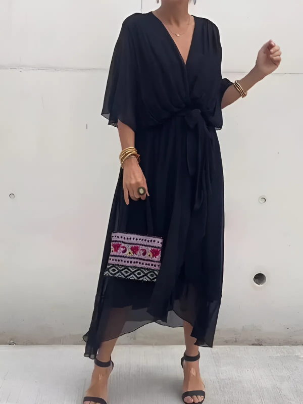 Women's Maxi Dress Crossover V-Neckline and Asymmetrical Handkerchief Hemline