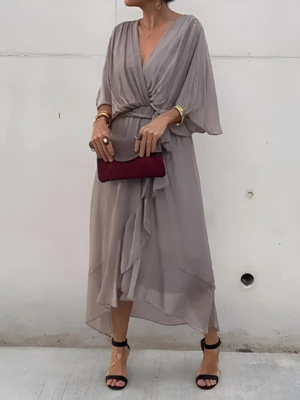 Women's Maxi Dress Crossover V-Neckline and Asymmetrical Handkerchief Hemline