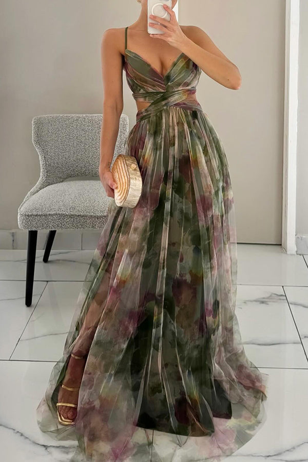 Women's Maxi Dress Layered Tulle Overlay and Abstract Watercolor Floral Motif