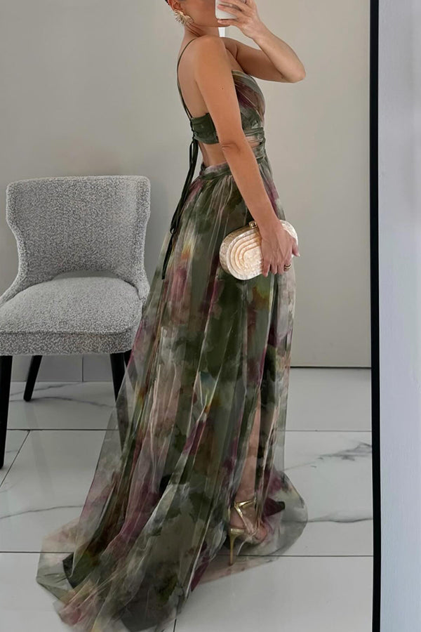 Women's Maxi Dress Layered Tulle Overlay and Abstract Watercolor Floral Motif