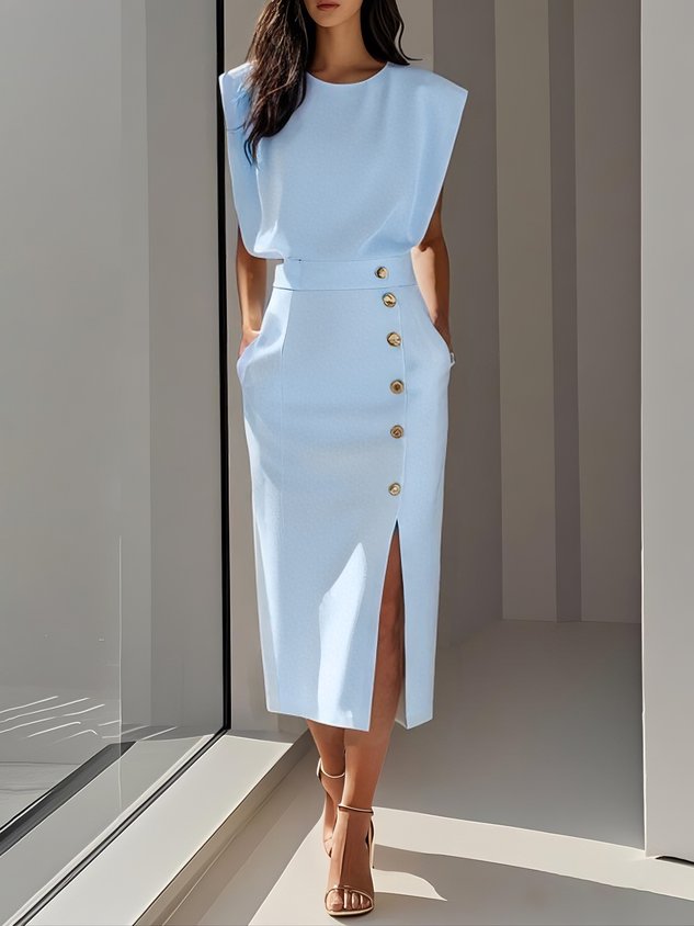 Women's Midi Dress Asymmetric Button Placket and Front Leg Slit