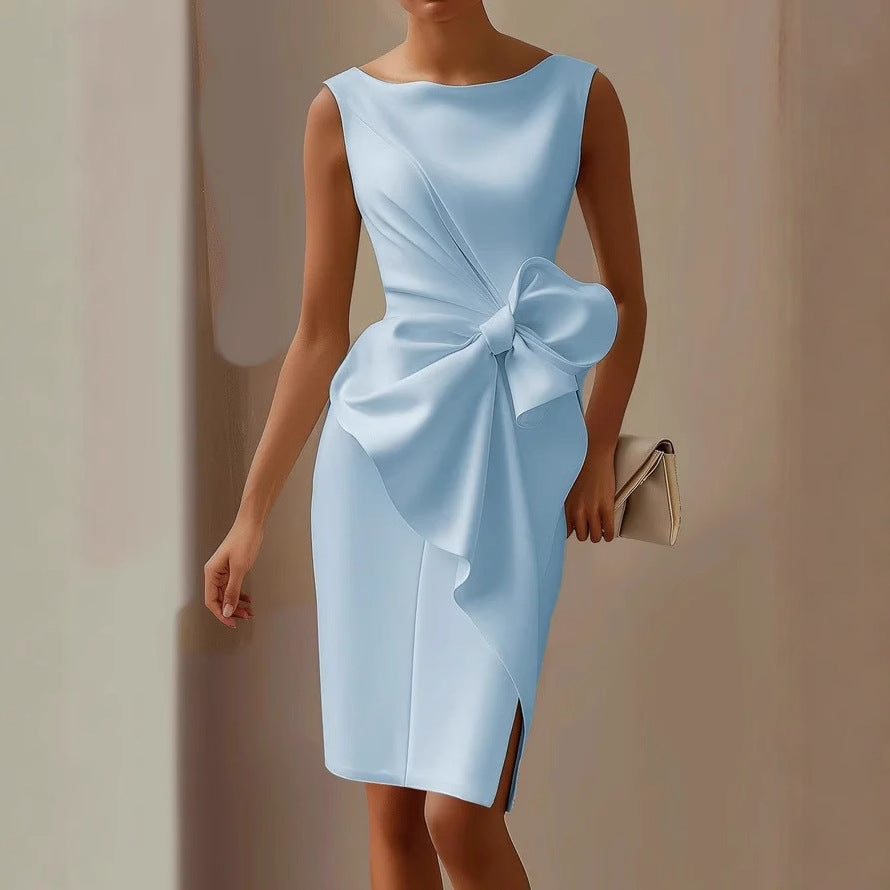 Women's Midi Dress Boat Neck Sleeveless with Side Bow Detail