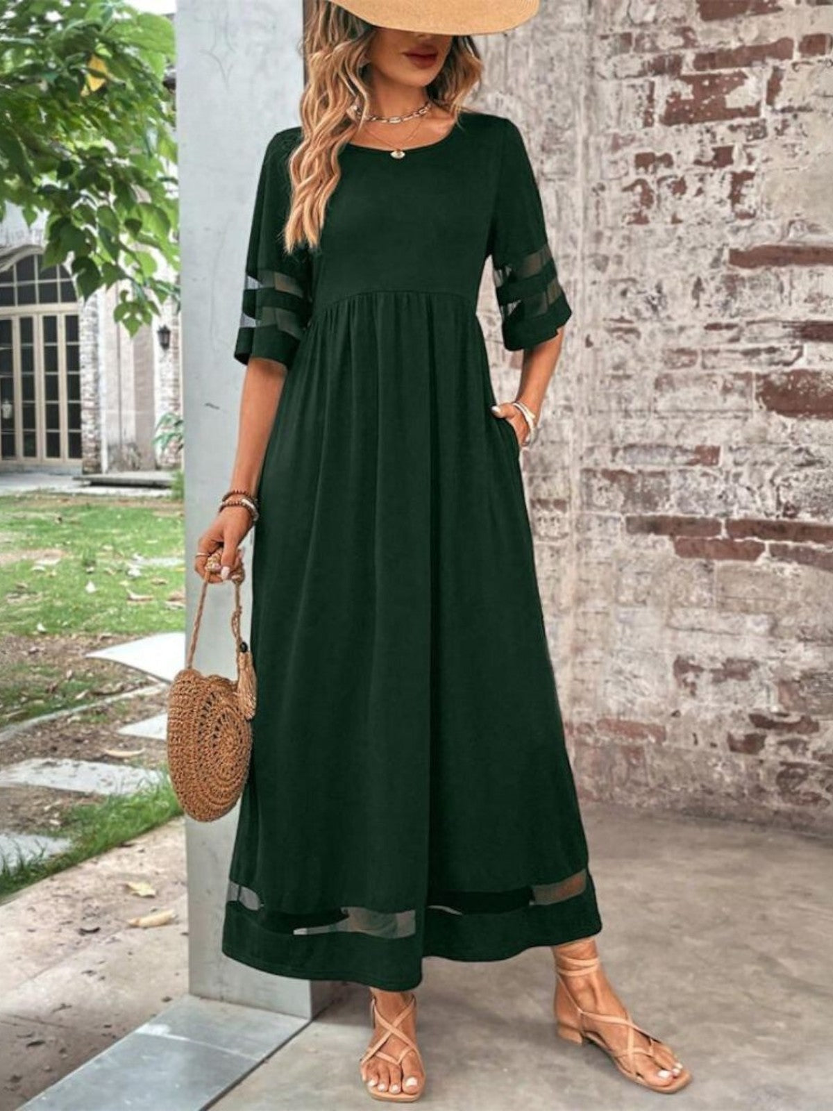 Women's Midi Dress Mesh Stripe Panels and Side Slip Pockets