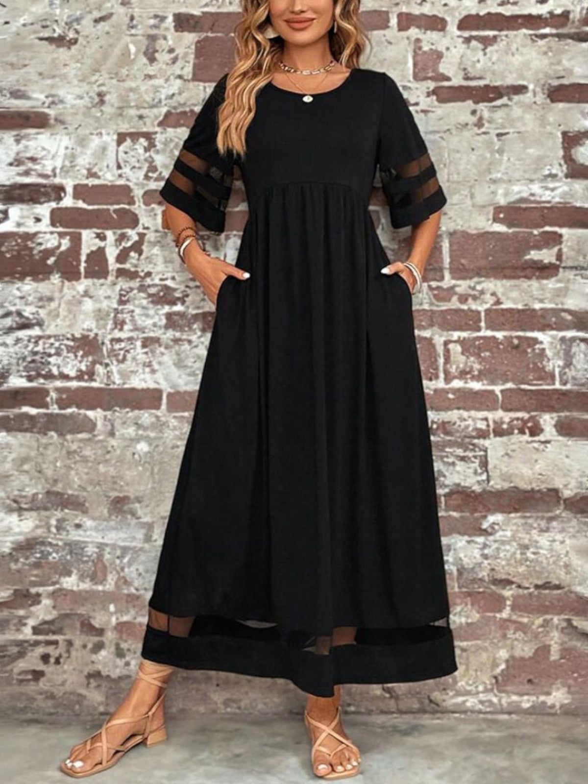 Women's Midi Dress Mesh Stripe Panels and Side Slip Pockets