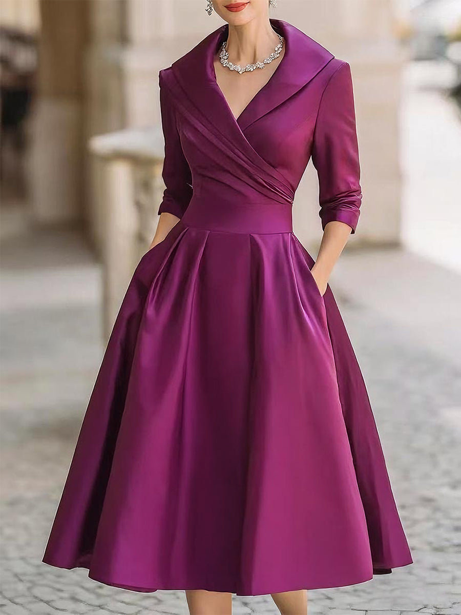 Women's Midi Dress Wrap Bodice and Pleated Flared Skirt