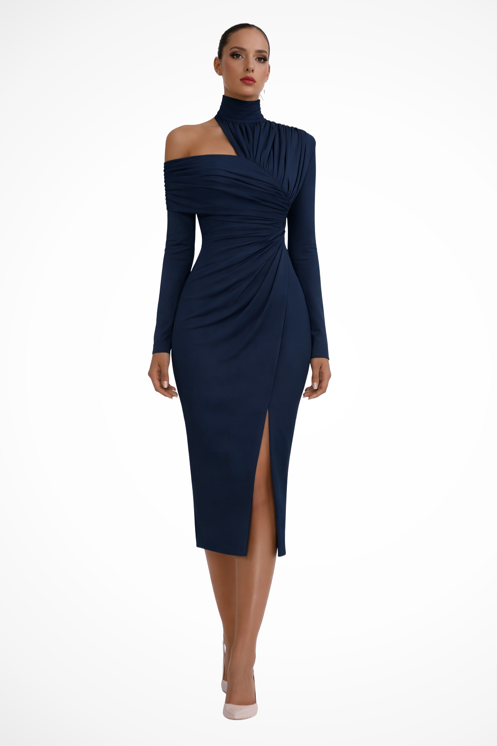 Women's Midi Weddig Guest Dress with Asymmetric High Neck and Front Slit