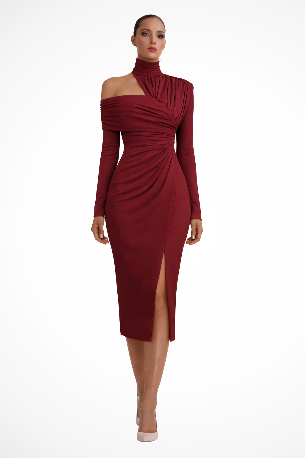 Women's Midi Weddig Guest Dress with Asymmetric High Neck and Front Slit