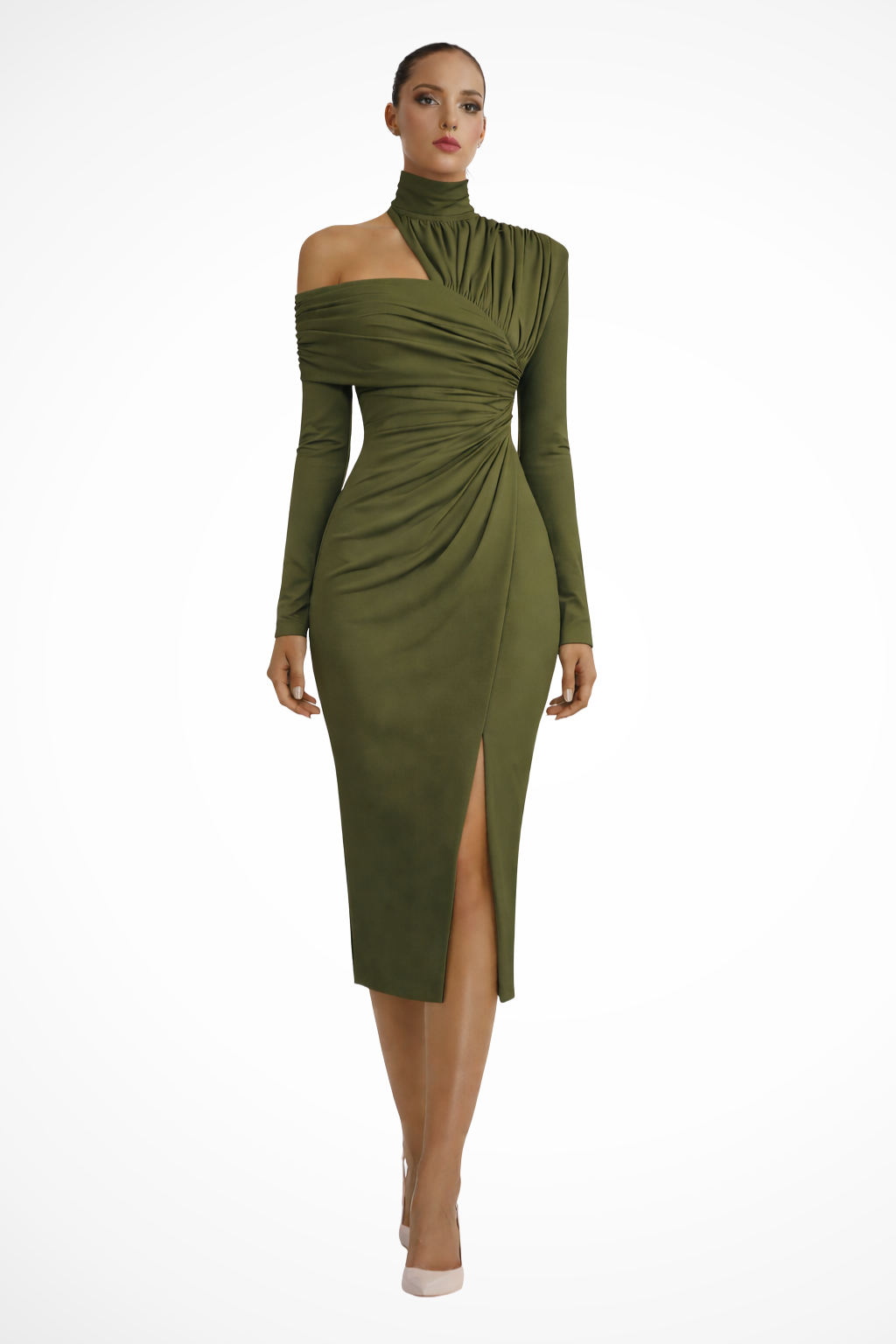 Women's Midi Weddig Guest Dress with Asymmetric High Neck and Front Slit