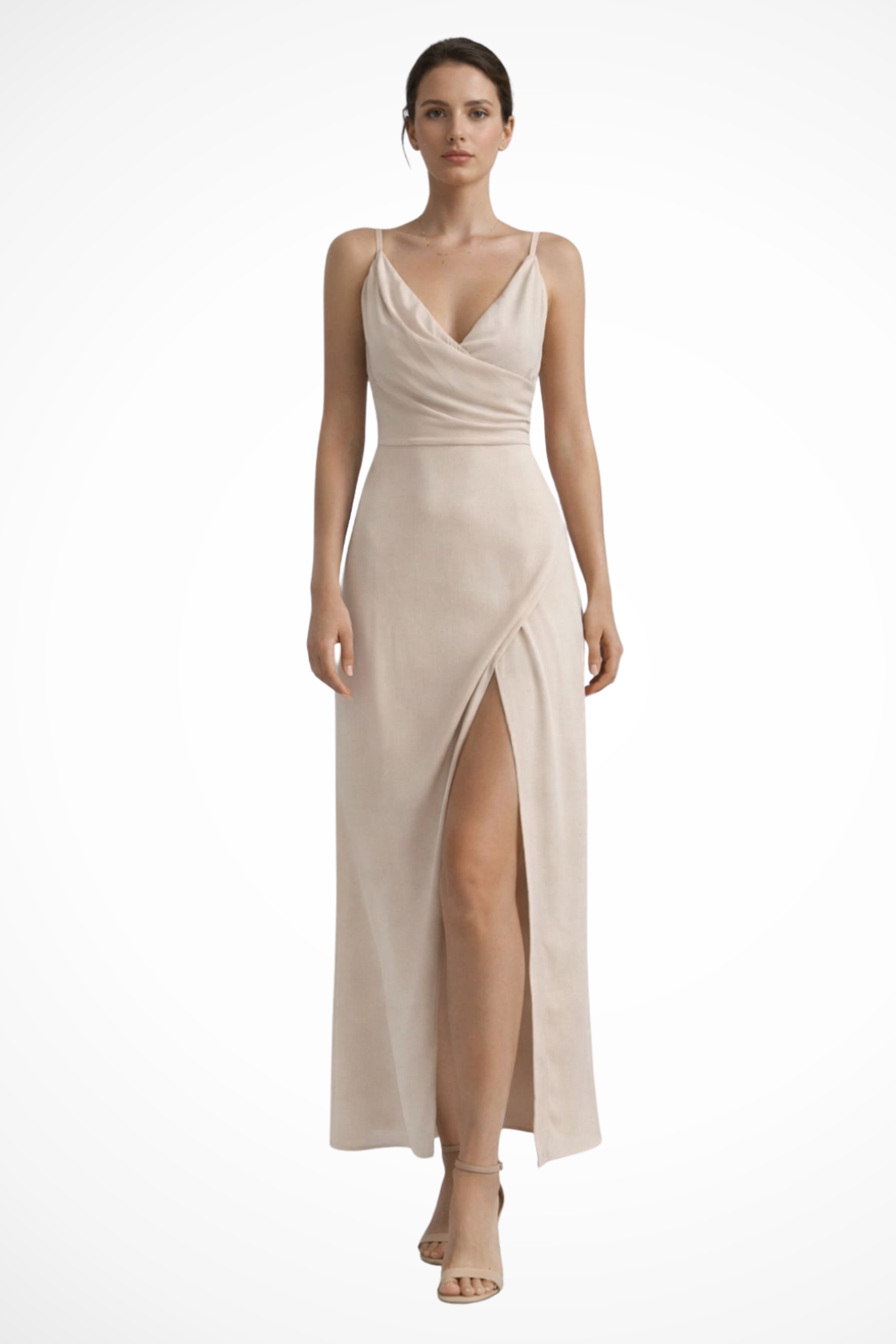 Women's Midi Dress with Drape V-Neck and Front Slit Detail