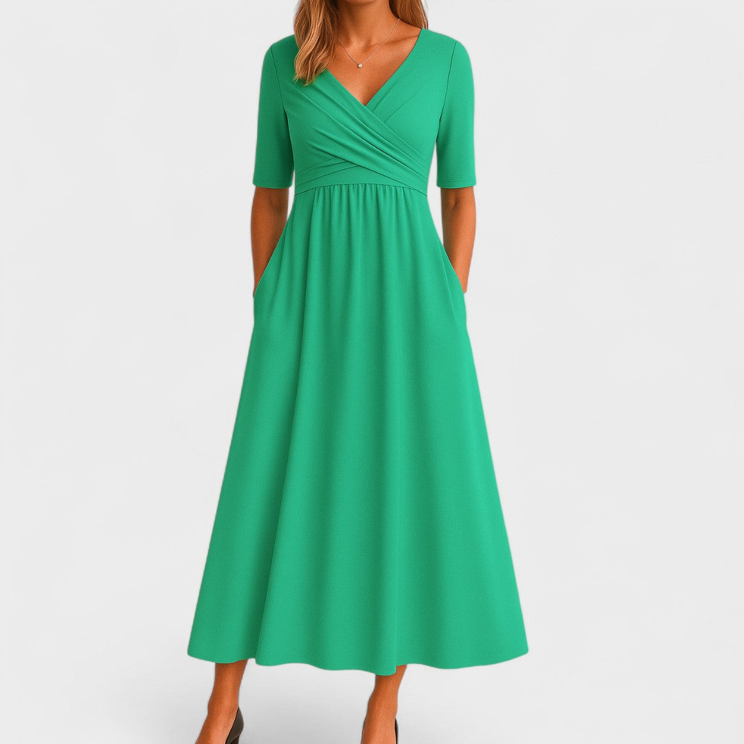 Women's Midi Dress with Surplice V-Neck and Short Sleeves