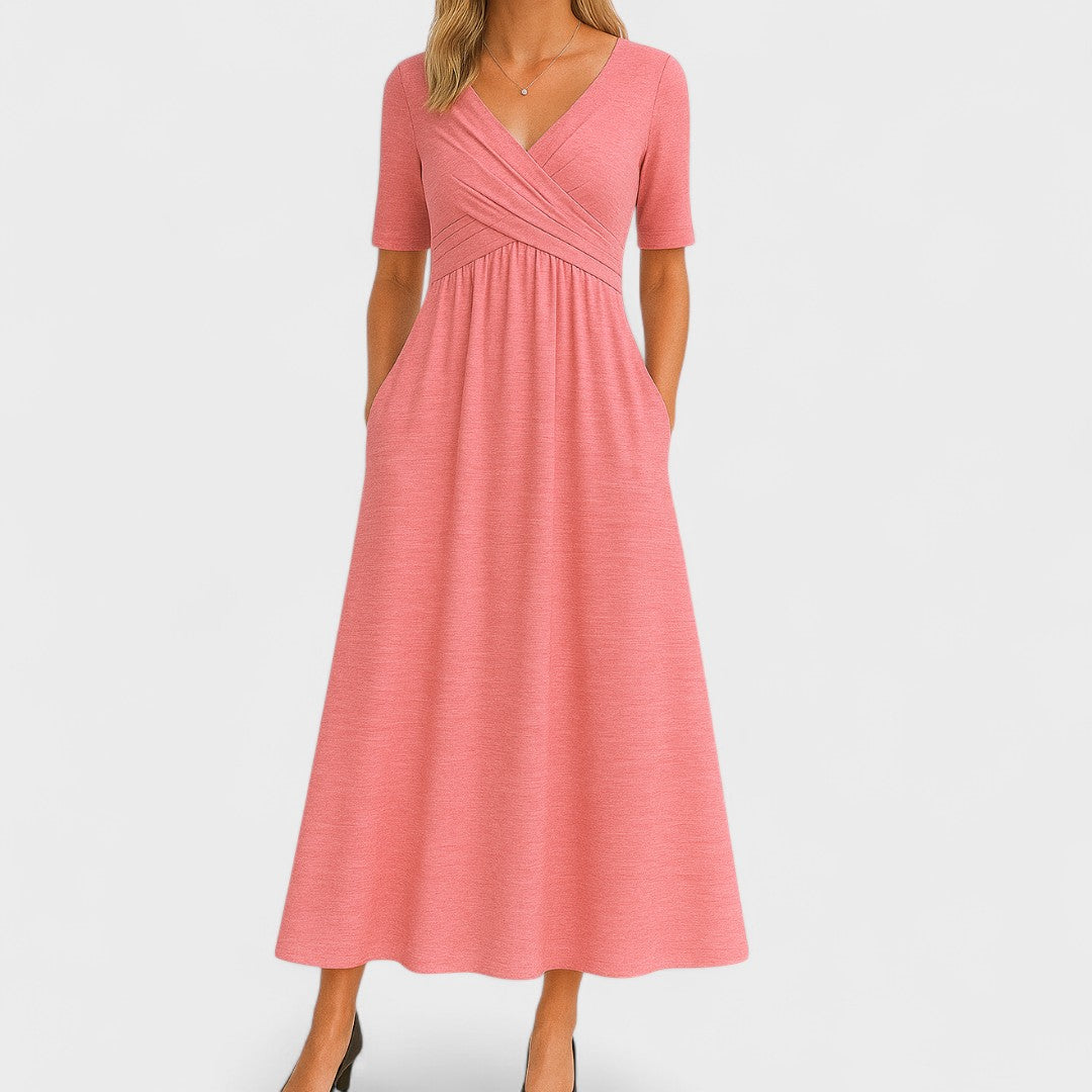 Women's Midi Dress with Surplice V-Neck and Short Sleeves
